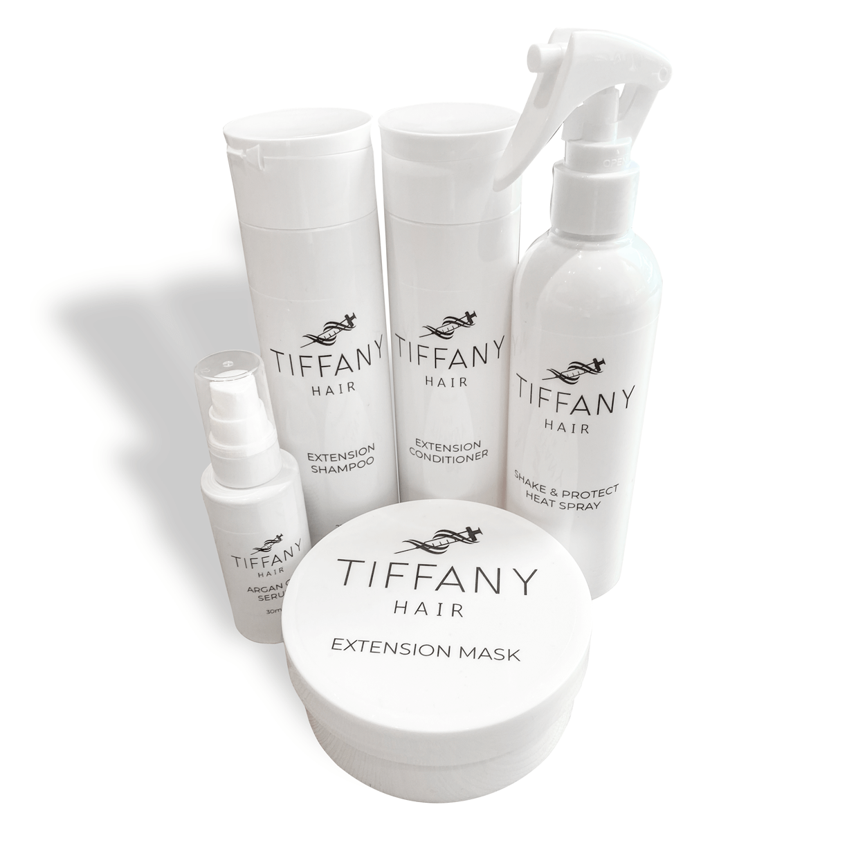 Aftercare bundle including shampoo, conditioner, heat defence spray, argan oil and extension mask on white background